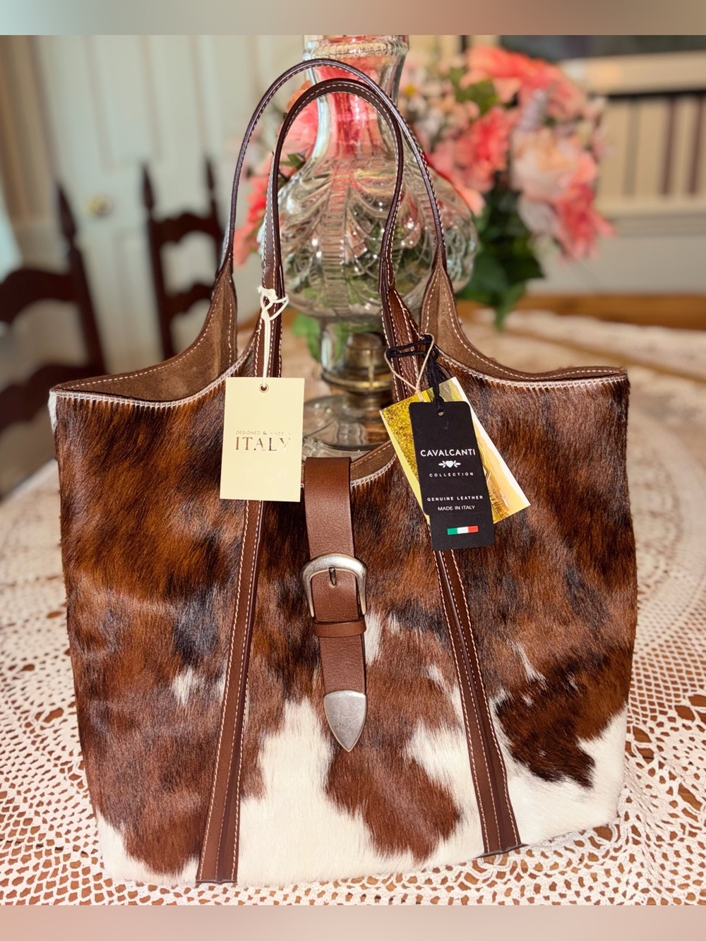 Cavalcanti Brown & White Cowhide Leather Tote - Italian-Made